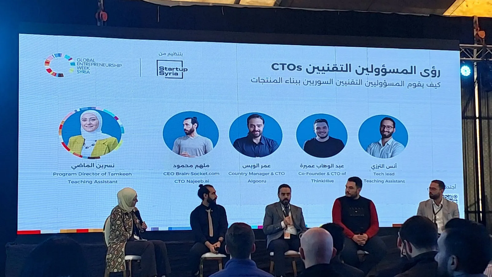 The panel line-up on screen: five speakers with their names and roles, under the Global Entrepreneurship Week Syria and Startup Syria logos