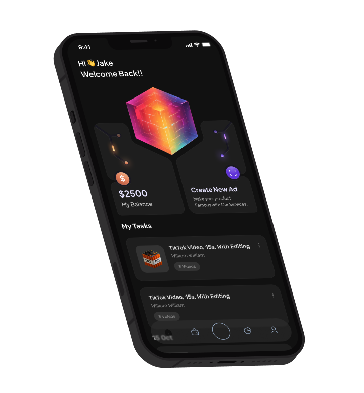 Creator home screen showing balance, a create-new-ad card and the task list