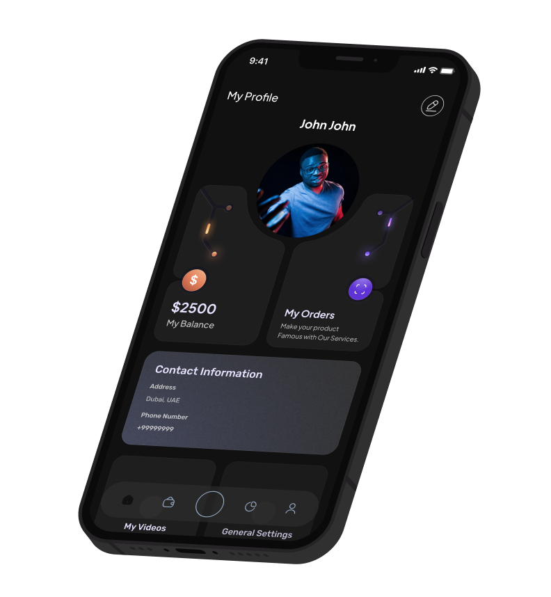Profile screen showing avatar, balance, orders and contact information