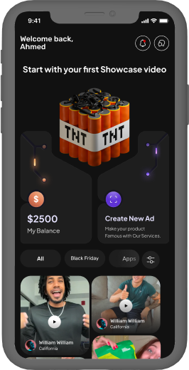 Brand home screen with balance, create-new-ad card and a feed of creator videos