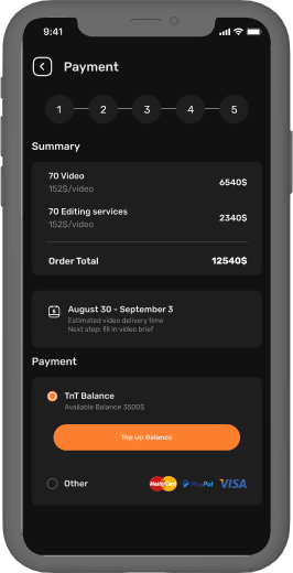 Payment screen with an order summary, estimated delivery dates, a TnT balance and card options