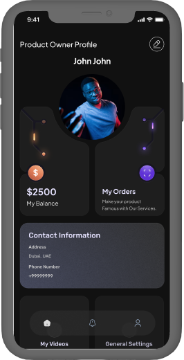 Product owner profile screen with balance, orders and contact information