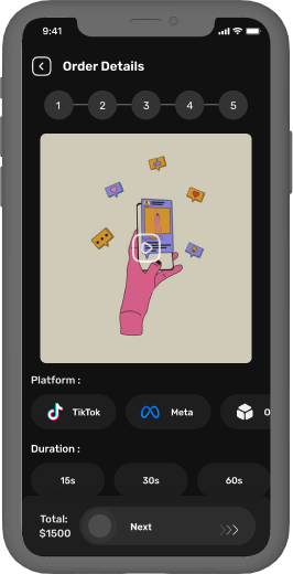 Order details screen choosing TikTok or Meta, a 15, 30 or 60 second duration, and showing a running total