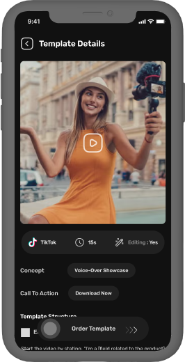 Template details screen with a preview video, concept, call to action and template structure