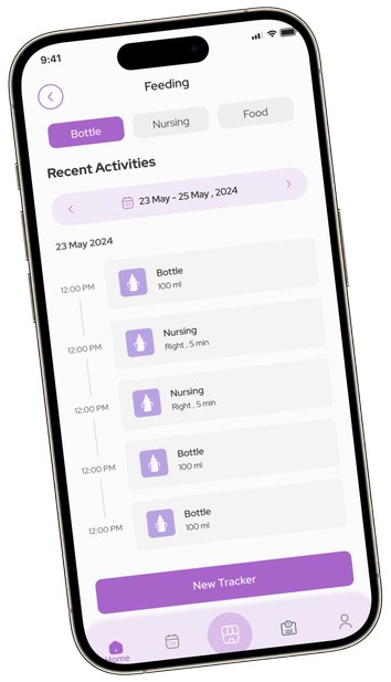 Feeding screen listing a day of bottle and nursing entries against their times
