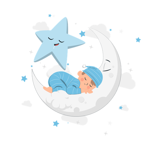 Illustration of a baby asleep on a crescent moon beside a smiling star