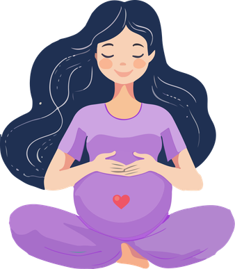 Illustration of a seated pregnant woman with her hands resting on her bump