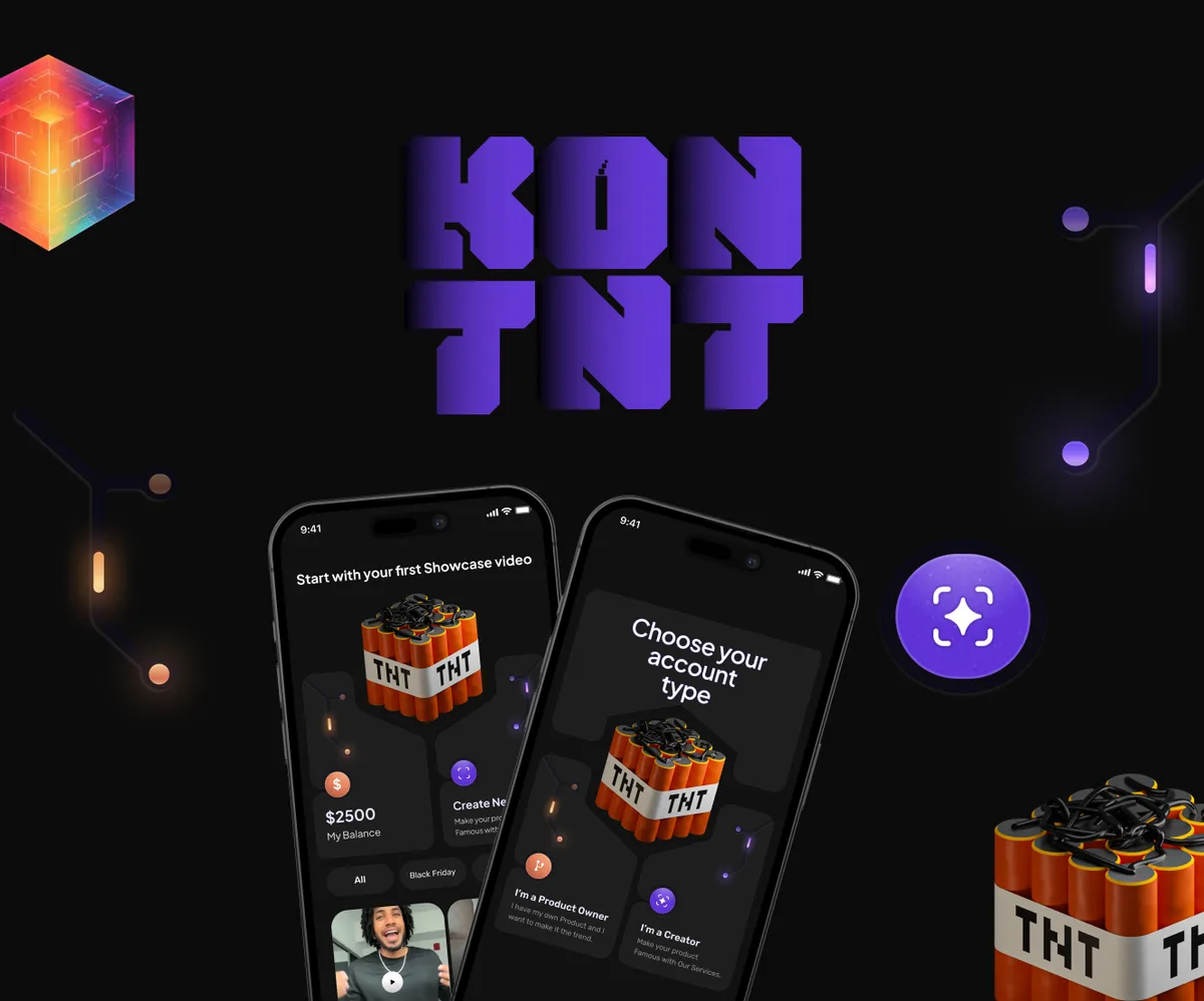KonTnT key art: the wordmark over two phones showing the showcase feed and the account chooser
