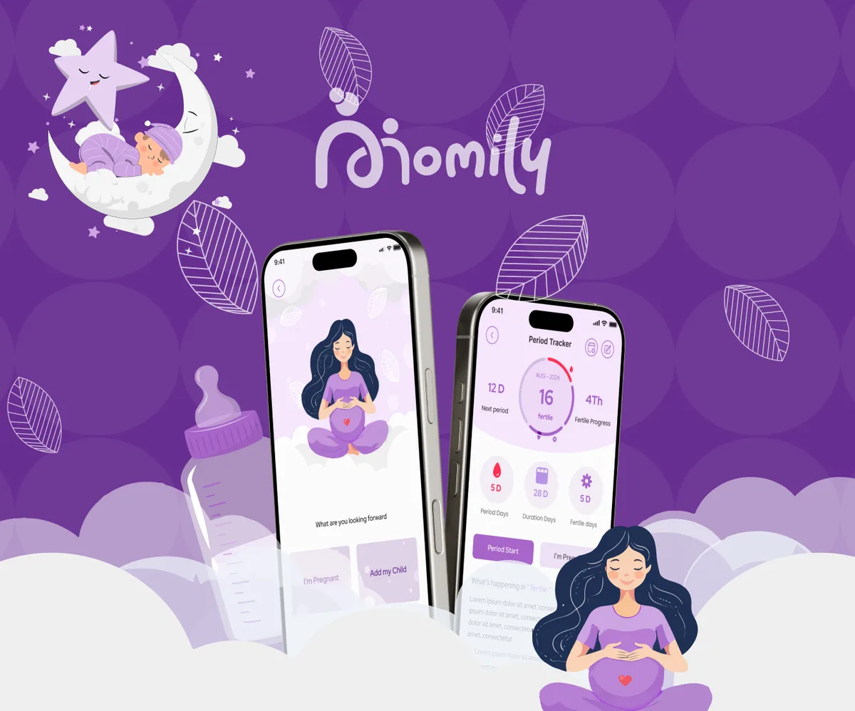 Momily key art: the wordmark over two phones showing the pregnancy onboarding and the period tracker