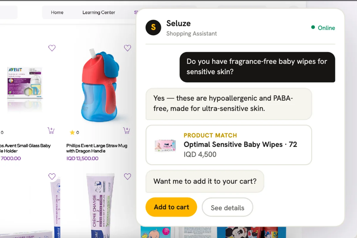 The Seluze assistant answering a shopper's question and offering a matching product with an add-to-cart button